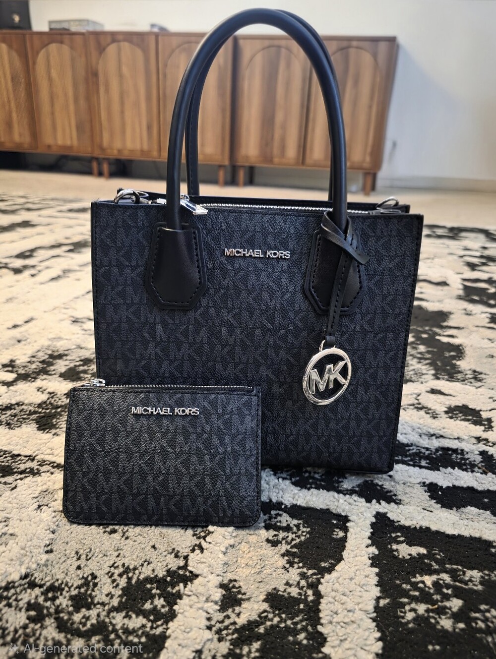Michael Kors Black and Silver Signature MK Tote with Card Case